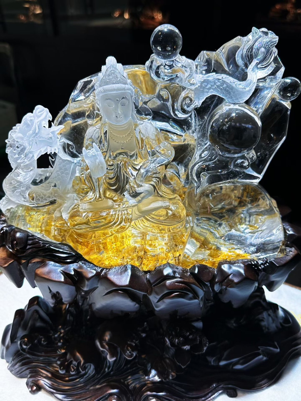11LB Top Natural Fire Quartz Dragon+Buddha Hand carved Crystal Reiki Decor+stand