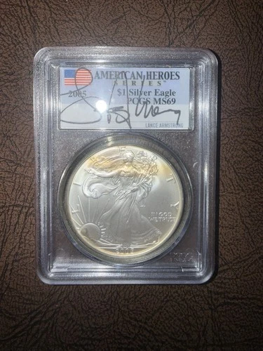 2005 $1 Silver Eagle American Heroes Series Lance Armstrong Signature PCGS MS69