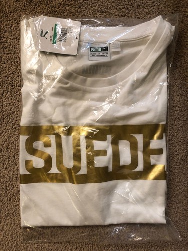 Camiseta de gamuza Puma para hombre talla L camiseta top blanco dorado lámina gráfico metálico - Imagen 10 de 11