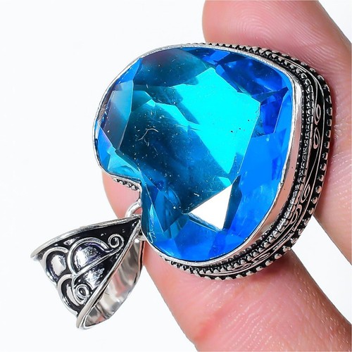 Blue Topaz Gemstone 925 Silver Handmade Pendant,Blue Heart Shape Pendant Jewelry - Picture 4 of 5