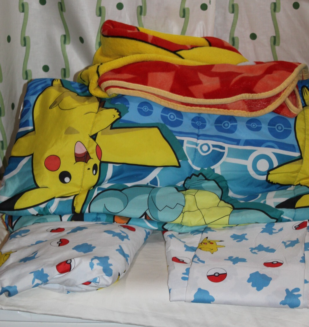 Pokemon Pikachu Kids Twin Bed Set Fitted Flat Comforter Fleece Blanket