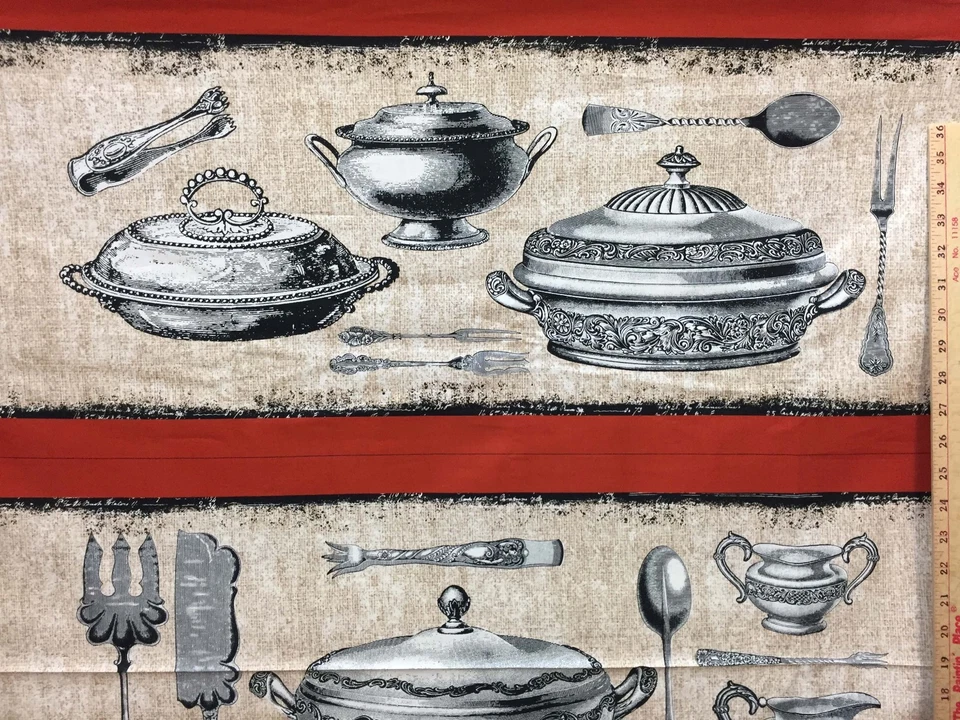 Bon Appetit Fabric Silverplate Dishes Red Tan Screen Print  8+ Yards Sewing  - Image 2 of 4