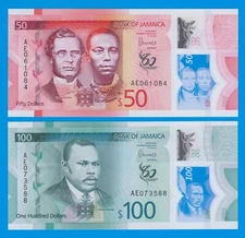 Jamaica 50 + 100 Dollars P 96 and P 97 New 2022 Polymer UNC 2 notes