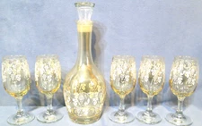 Vintage Retro West Virginia Glass Decanter Wine Bottle & 5 Glasses Grape Pattern
