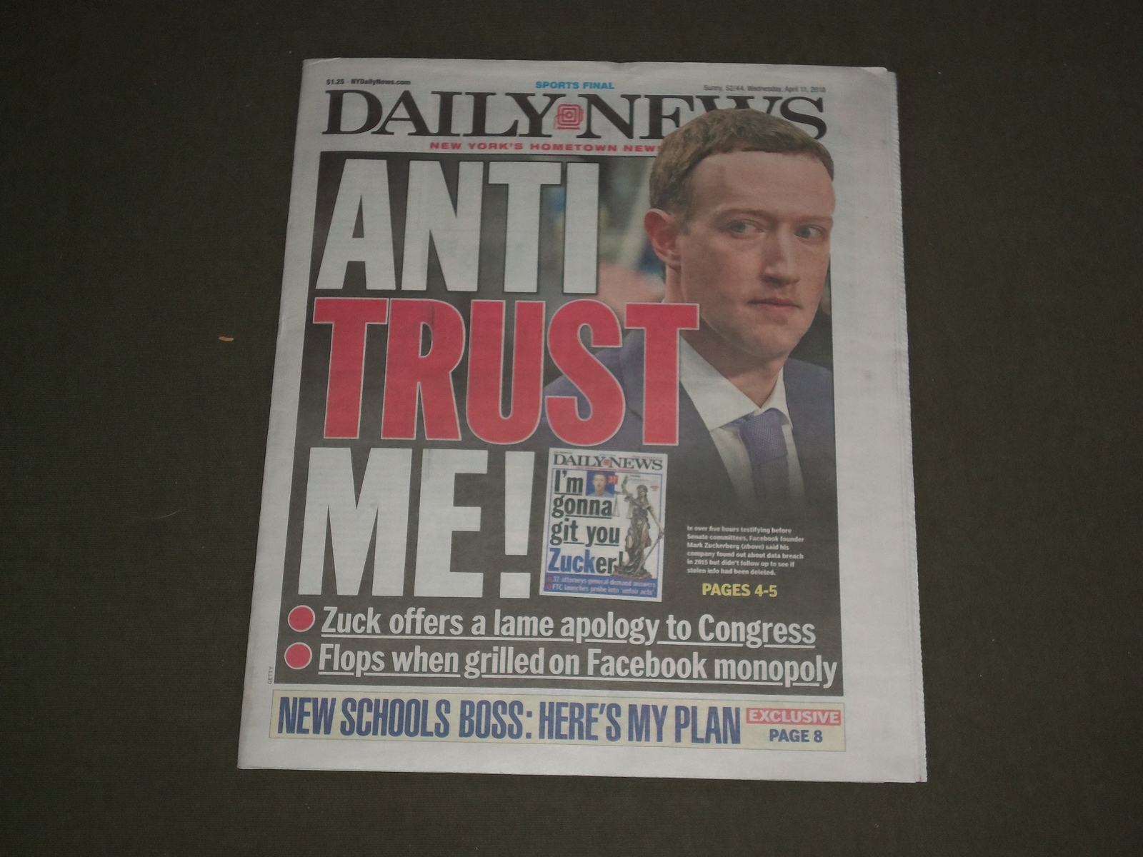 2018 April 11 New York Daily News - Mark Zuckerberg - Lame Apology To Congress