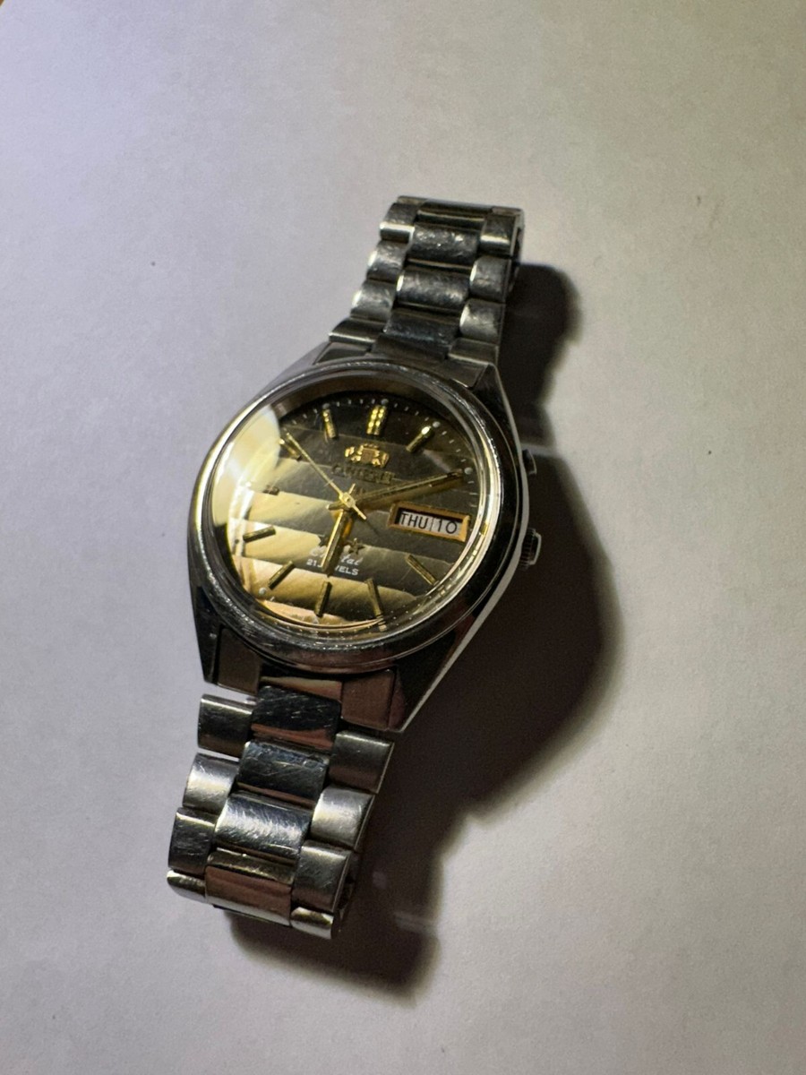 Vintage Orient 3 Stars Crystal 21 Jewels Gold Striped Dial Men's