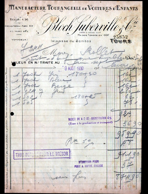 TOURS (37) AUTOS für KINDER / KINDERWAGEN ''BLOCH & SUBERVILLE'' Rechnung 1937