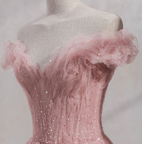 Rosa Pailletten Ballkleid Schulterfrei Herzausschnitt Lang Abend Festkleid - Bild 6 von 10