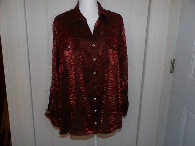 NY Collection Red Shimmery Large Rhinestone Button-Up Blouse Top Size 2X de