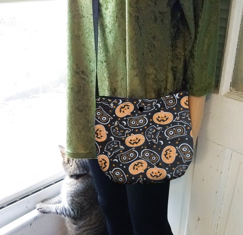 Halloween Pumpkin CrossBody Unisex Bag Purse Black Cat Festival Goth Handmade - Picture 3 of 5