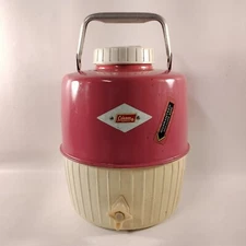 Vtg COLEMAN Water Jug Cooler Drink Dispenser PINK White 2 Gallon With Cup