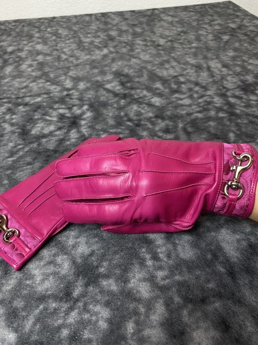 Woman’s Pink Coach Leather Gloves Winter Sliver Hardware Cut Tag - Picture 18 of 21