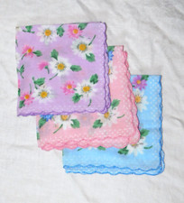 Set of 3 Vintage Handkerchiefs Flower Daisy Polka Dot Purple Pink Blue Scallop