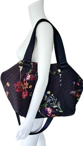 Elliott Lucca Black Floral Woven / Leather Trim Large Tote Overnight Travel Bag - Picture 2 of 10