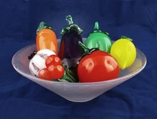 Murano Style Art Glass Fruit With Dimple Etched Glass Bowl