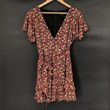 Lulus Boho Floral Faux Wrap Dress S Black/Red Flutter Sleeve Party Date Night