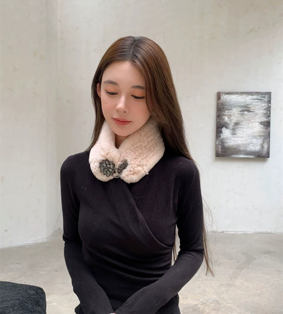Women's Real Rabbit Fur Scarf Warm Knitted Scarves Collar Wrap Stole Neck Warmer