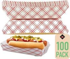 7 Inch Paper Hot Dog Tray in Red White Pattern. Pack of 100. Disposable,