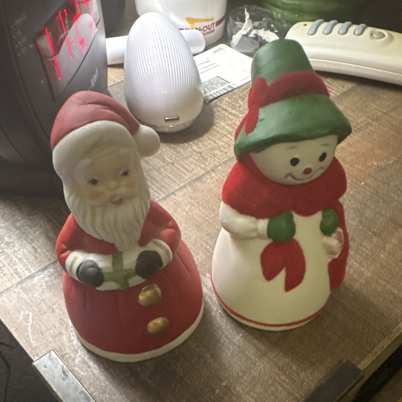 Hand Painted Ceramic Santa Claus & Snowman Christmas bells Set 2 Multicolor