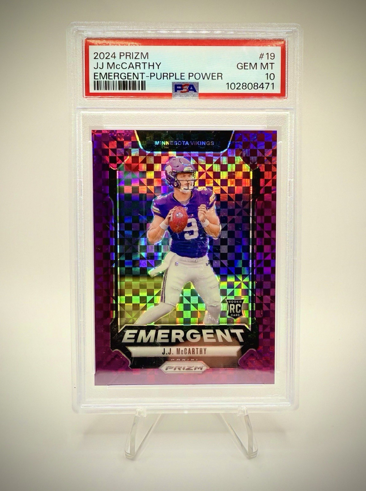 2024 Prizm JJ McCarthy Emergent Purple Power #19 SP PSA 10 VIKINGS RC 34/49