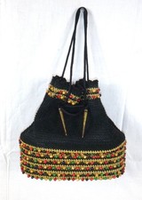 Vtg Black Crochet Drawstring Purse with Multi Colored Beads Gold Accents