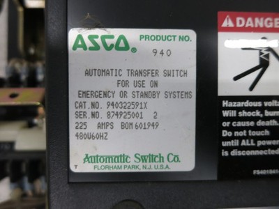 ASCO 940322591X 225A 480V Automatic Transfer Switch 940 225 Amp