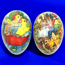 Two 1/2 East German Paper Mache Vintage Easter Egg Candy Container Rabbits Ducks