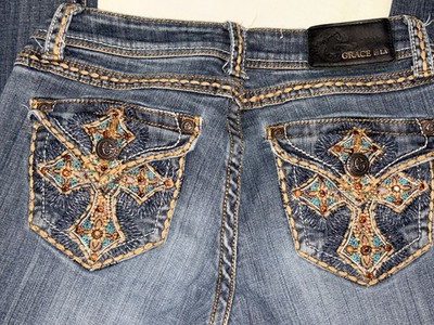 VTG Y2K Grace In LA Turquoise/Amber Cross Embellished Bootcut Denim Jeans Sz 28