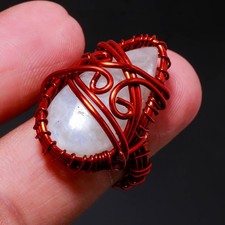 Rainbow Moonstone Gemstone Handmade Wire Wrap Copper Gift Jewelry Ring 7" PG 729