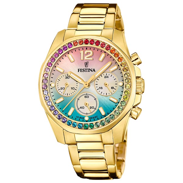 Festina Damen Uhr Chrono F20609-5 Edelstahl Goldfarben Rainbow-image