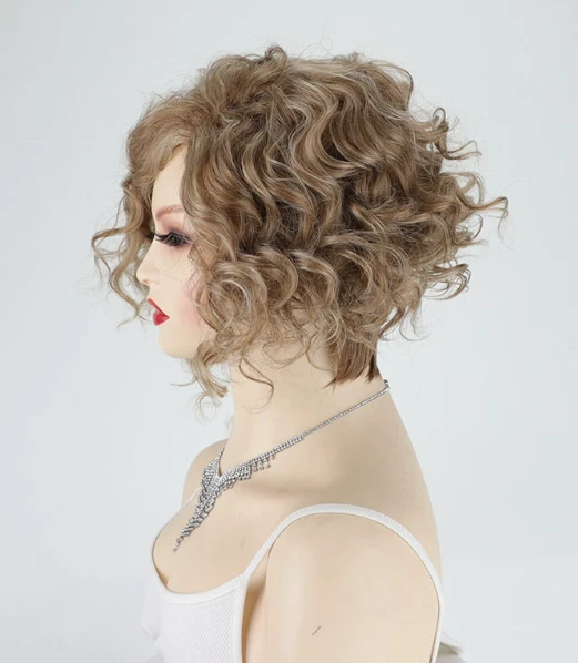 Short Loose Curls Curly Ash Brown Blonde Mix Synthetic Hair Wigs Women Soft - Image 3 of 4