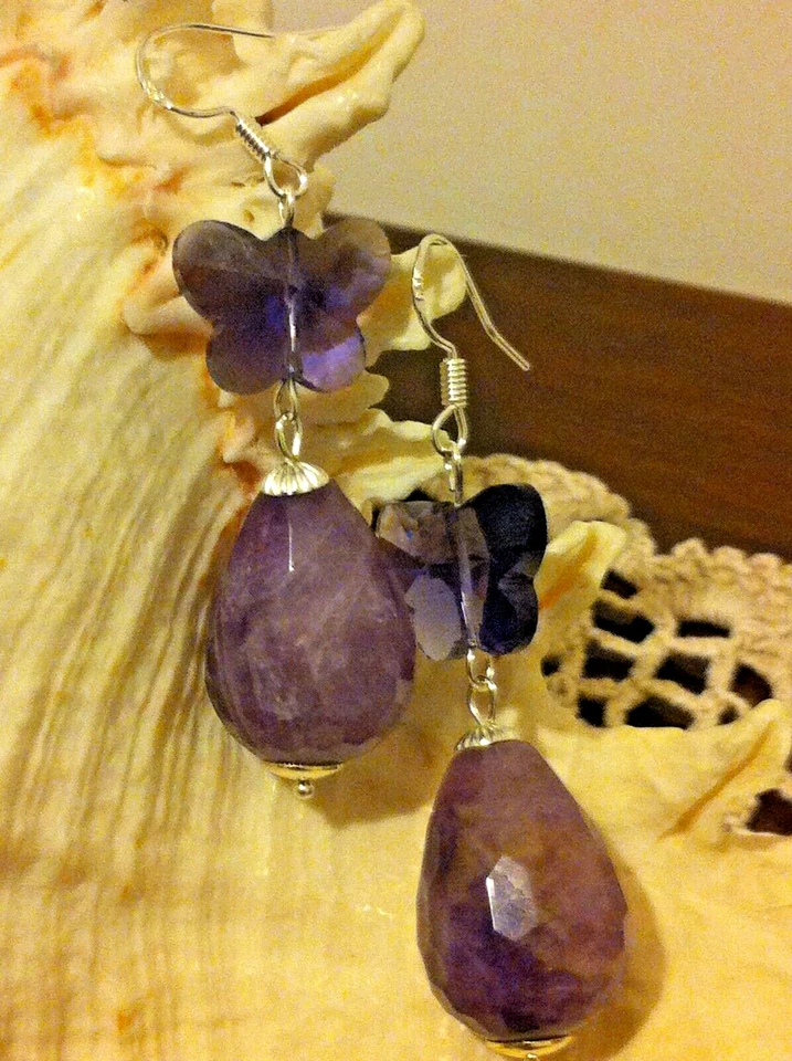 ORECCHINI PENDENTE AMETISTA E FARFALLE SWAROVSKI ARGENTO 925 STILE VITTORIANO - Immagine 2 di 2