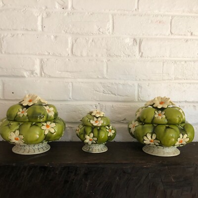 Vintage Inarco 1967 Set Of 3 3D Green Apples with Daisy's Covered Dish And Sugar