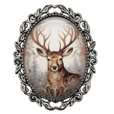 Deer Buck Snowy Forest Pin Sweater Scarf Coat Hat Brooch Winter Wildlife Jewelry