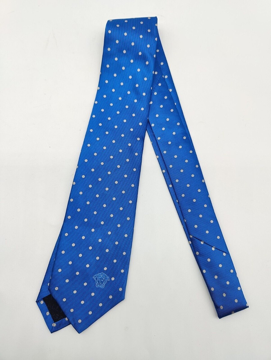 VERSACE Blue & Silver Medusa Polka Dot Silk Neck Tie Made In Italy