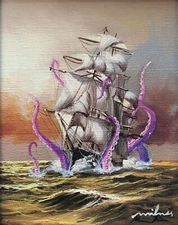 Kraken Giant Octopus Ocean Beach Fine Art upcycled thrift store painting