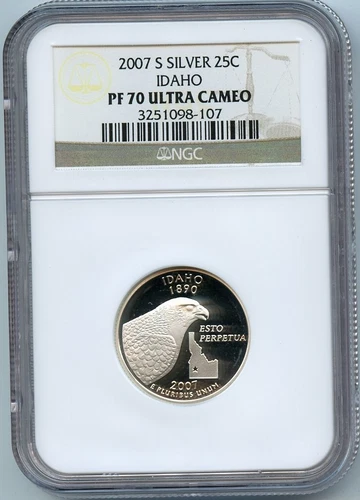 2007 S IDAHO State Silver Quarter NGC PF70 UCAM 25c Graded Certified Coin D12