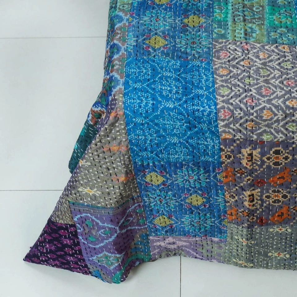 Vintage Indian Handmade Blue Kantha Quilt Patchwork Bedspread Throw Silk Blanket - Image 4 of 4