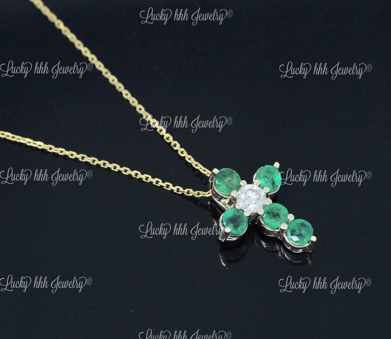 14k Yellow gold Natural Diamond & Emerald cross pendant 1.20 ct May Birthstone