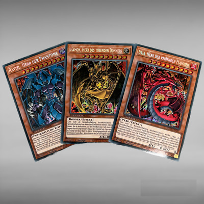 Yugioh Karten Götterkarten Uria, Hamon, Raviel Secret Rare 3er Set SGX3 DE NM!