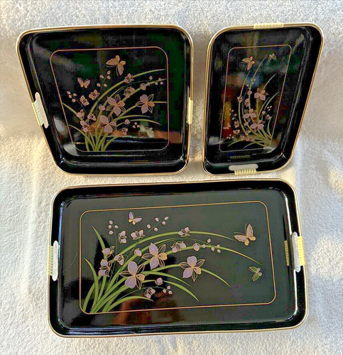 Vintage Asian Trays 3 Pc Lacquerware Hand Painted Purple Flowers on Black Japan