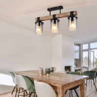 Deckenleuchte Deckenlampe Holzlampe 3 Flammig Holzoptik Landhaus Rauchglas 52Cm