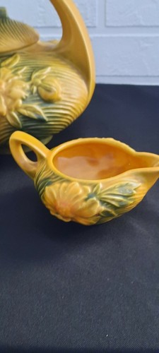 Roseville Pottery Peony Yellow Tea Pot, Sugar, Creamer Tea Set 3 - Picture 5 of 12