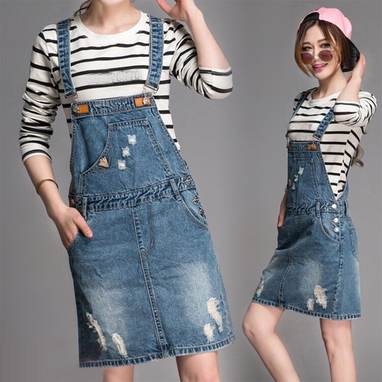 Fashion Women Denim Jumpsuit Loose Overalls Dress Long Suspender Skirts  Casual