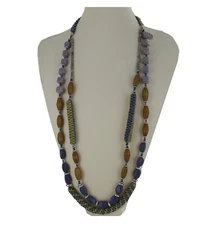 Ben Amun Signed Olive Green Purple Cord Beaded Layered Necklace 46"