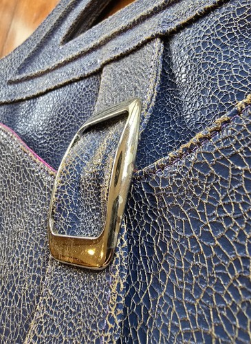 Vintage Temma Dahan Blue Leather Denim Textured Clutch Handbag Pink Lining - Picture 6 of 7