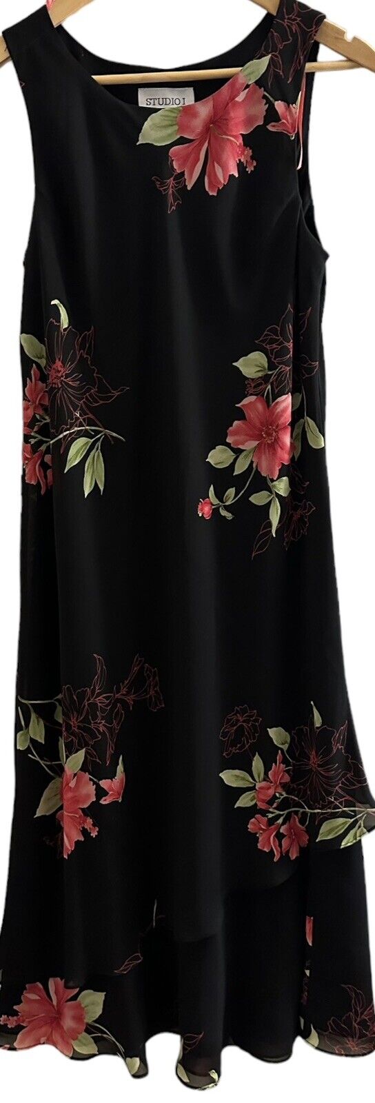 STUDIO 1 Womens Sz 12 Black &Coral Floral Long Sleeveless Dress W/Coral Jacket