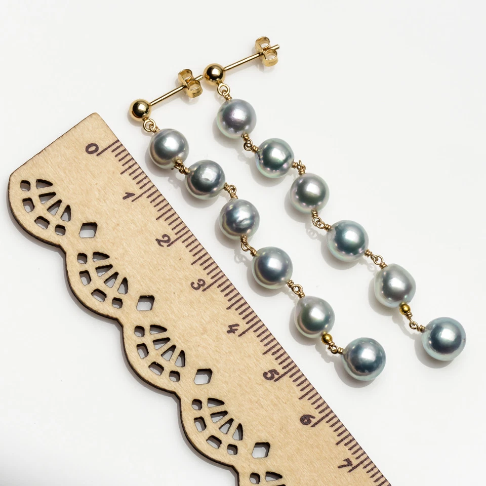 Pendientes colgantes largos de plata real de perlas Akoya de oro amarillo macizo de 14 k 7-7,5 mm Foto 4 de 4