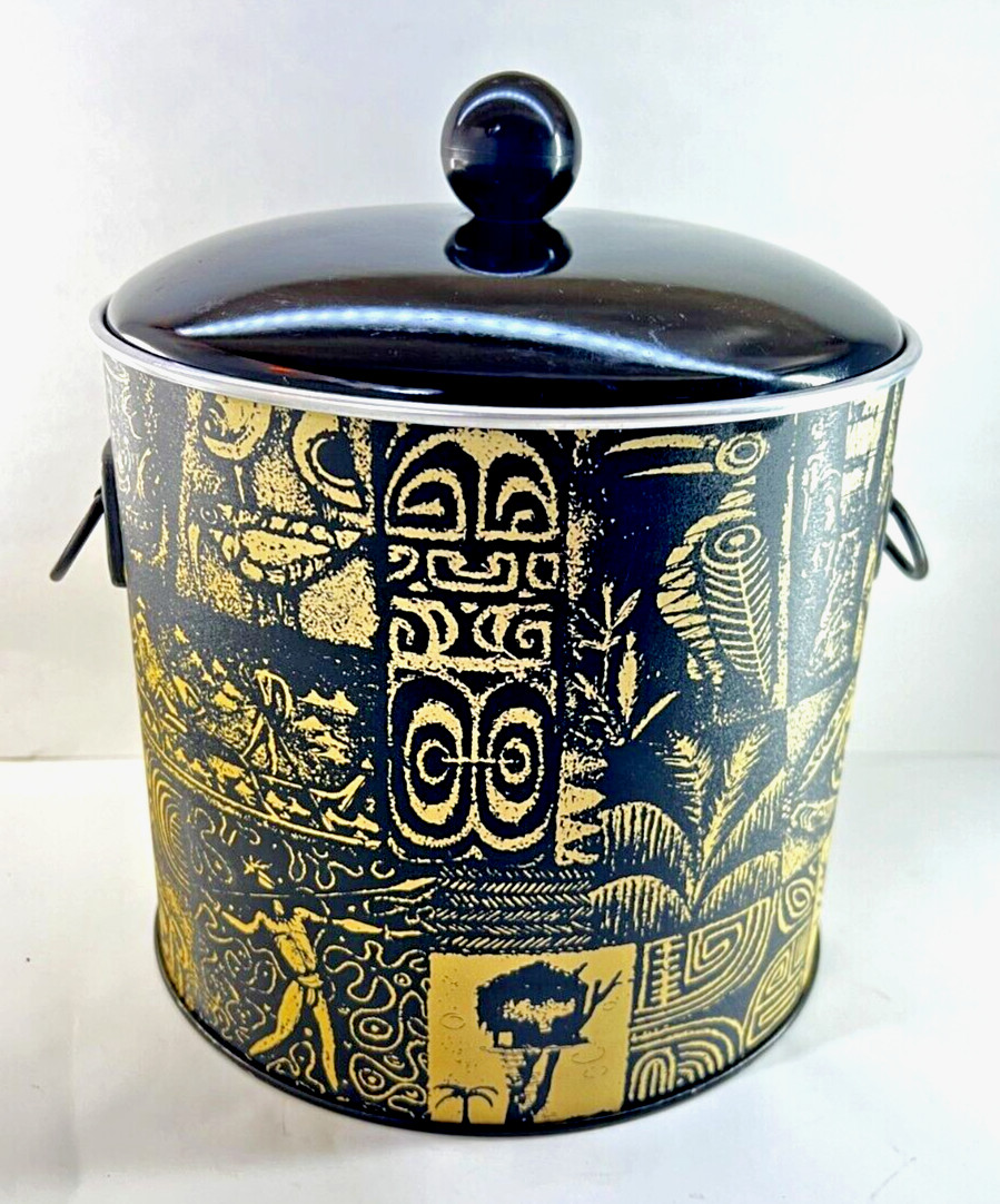 Vintage Greek Patterned Aluminum Insulated 2 Handled Lidded Ice Bucket