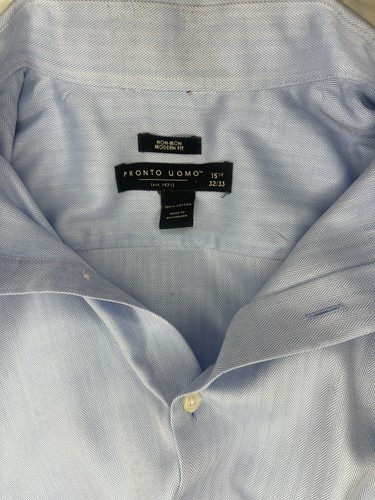 Pronto Uomo Men's Blue Herringbone Long Sleeve Button Up Shirt Size 15.5 32/33 - Picture 3 of 5